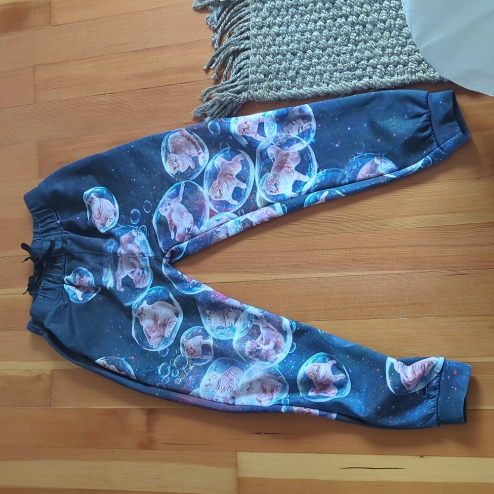Cats in Space in Bubbles pants medium cotton spandex